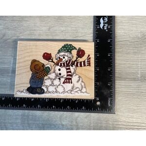 Hampton Art Wooden Rubber Stamp Snowman & Bear Winter Scene